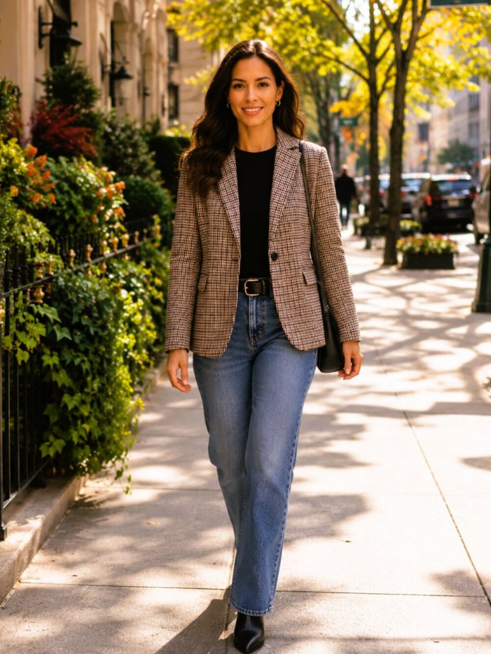 Ecru - Park Avenue Stretch One Button Blazer Brown Plaid Blazer - Size 12